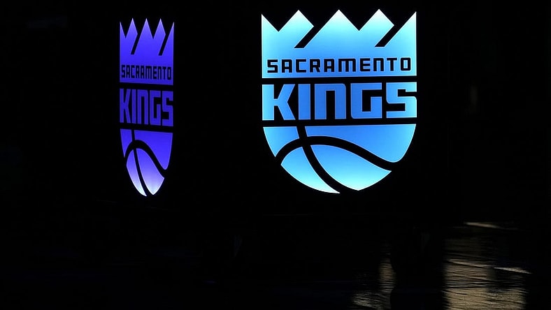Oct 9, 2022; Sacramento, California, USA; Sacramento Kings logos are displayed at center court before the game against the Portland Trail Blazers at Golden 1 Center. Mandatory Credit: Darren Yamashita-USA TODAY Sports