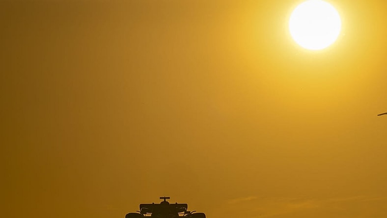 Oct 21, 2022; Austin, Texas, USA; A general view of an F1 driver during sunset in practice for the U.S. Grand Prix at the Circuit of the Americas. Mandatory Credit: Jerome Miron-USA TODAY Sports