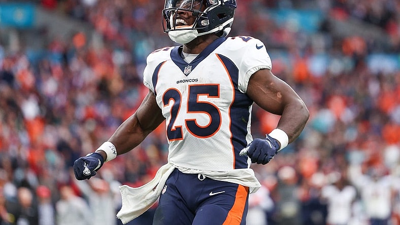 Oct 30, 2022; London, United Kingdom, Denver Broncos running back Melvin Gordon III (25) reacts after scoring a touchdown against the Jacksonville Jaguars in the third quarter during an NFL International Series game at Wembley Stadium. Mandatory Credit: Nathan Ray Seebeck-USA TODAY Sports