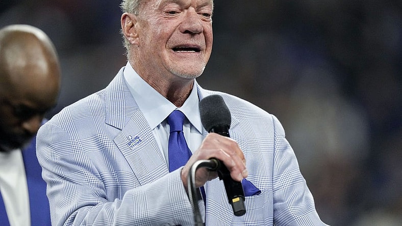 Oct 30, 2022; Indianapolis, Indiana, USA; Indianapolis Colts owner Jim Irsay speaks at a Ring of Honor induction ceremony for Tarik Glenn on Sunday, Oct. 30, 2022, during a game against the Washington Commanders at Indianapolis Colts at Lucas Oil Stadium in Indianapolis. Mandatory Credit: Max Gersh/IndyStar-USA TODAY Sports