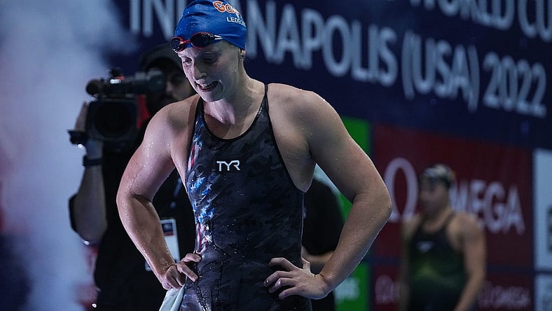 United States Katie Ledecky walks off the pool deck after breaking the 800 meter freestyle swim world record during the FINA Swimming World Cup finals on Saturday, Nov 5, 2022 in Indianapolis at Indiana University Natatorium.

Swimming Fina Swimming World Cup