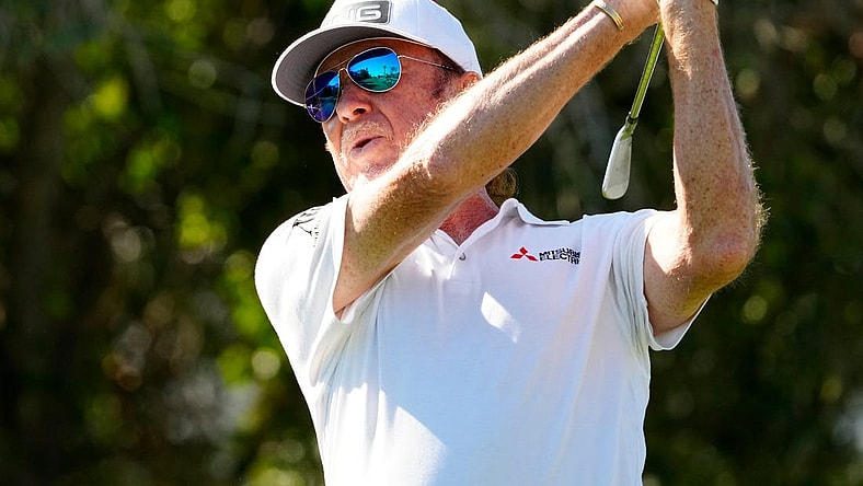 Nov 13, 2022; Phoenix, AZ, USA; Miguel Angel Jimenez plays his tee shot on the second hole during the final round of the Charles Schwab Cup Championship at Phoenix Country Club. Mandatory Credit: Rob Schumacher/Arizona Republic-USA TODAY NETWORK