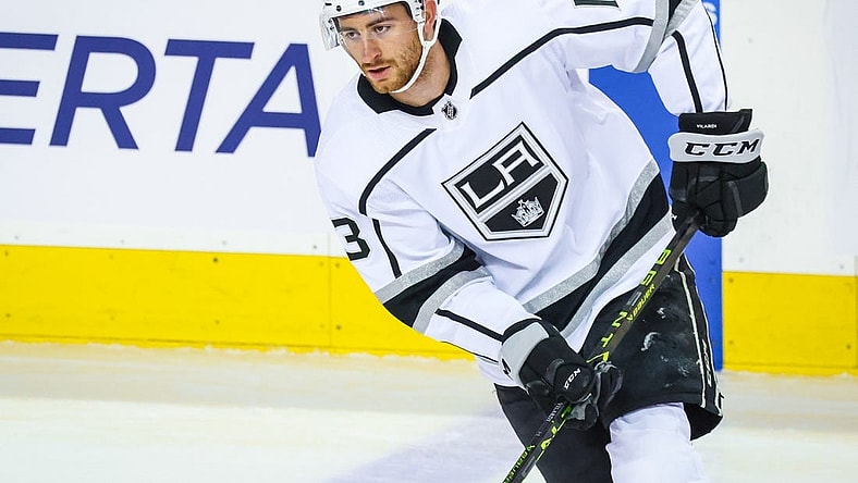 Nov 14, 2022; Calgary, Alberta, CAN; Los Angeles Kings right wing Gabriel Vilardi (13) skates during the warmup period against the Calgary Flames at Scotiabank Saddledome. Mandatory Credit: Sergei Belski-USA TODAY Sports
