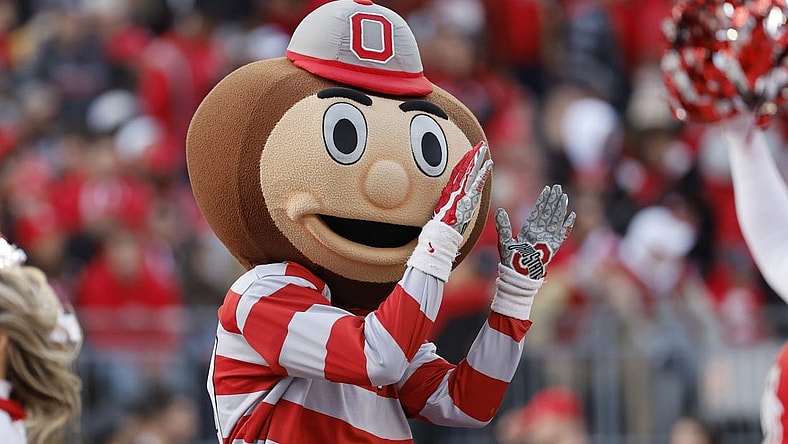 Nov 26, 2022; Columbus, Ohio, USA;  Ohio State Buckeyes mascot Burtus cheer in the second half against the Michigan Wolverines at Ohio Stadium. Mandatory Credit: Rick Osentoski-USA TODAY Sports