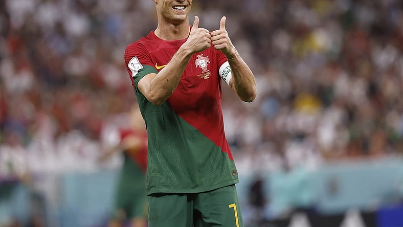 Nov 28, 2022; Lusail, Qatar; Portugal forward Cristiano Ronaldo (7) reacts during the second half of the group stage match in the 2022 World Cup at Lusail Stadium. Mandatory Credit: Yukihito Taguchi-USA TODAY Sports