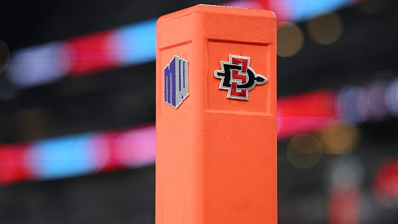 Nov 26, 2022; San Diego, California, USA; A detailed view of an end zone pylon with the San Diego State Aztecs and Mountain West logo during the second half against the Air Force Falcons at Snapdragon Stadium. Mandatory Credit: Orlando Ramirez-USA TODAY Sports