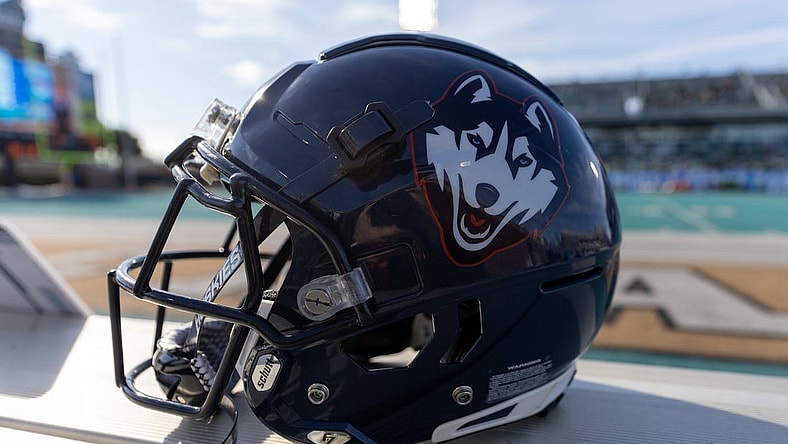 Dec 19, 2022; Conway, South Carolina, USA; A general view of a Connecticut Huskies helmet during a game against the Marshall Thundering Herd in the first half in the Myrtle Beach Bowl at Brooks Stadium. Mandatory Credit: David Yeazell-USA TODAY