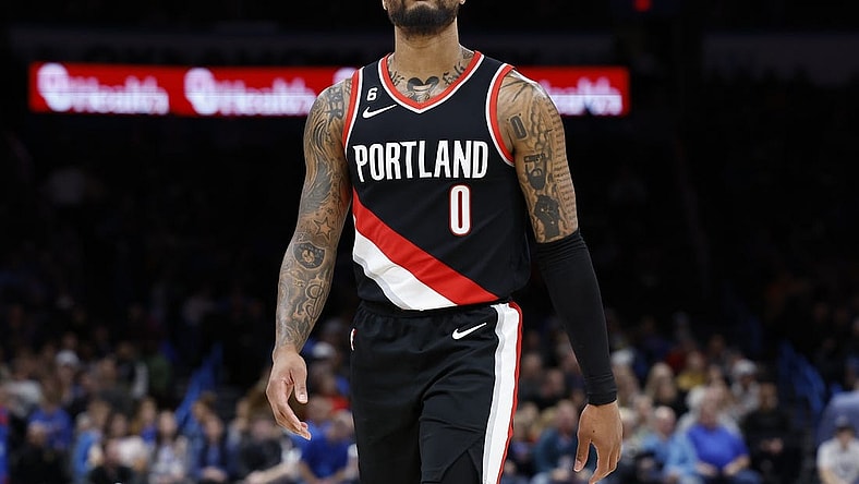 Dec 19, 2022; Oklahoma City, Oklahoma, USA; Portland Trail Blazers guard Damian Lillard (0) looks at the score board during a time out against the Oklahoma City Thunder in the first quarter at Paycom Center. Mandatory Credit: Alonzo Adams-USA TODAY Sports