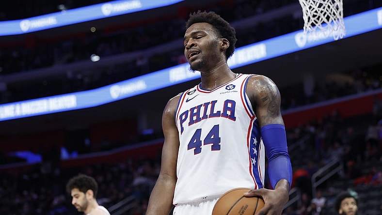 Jan 8, 2023; Detroit, Michigan, USA;  Philadelphia 76ers forward Paul Reed (44) reacts during the second half against the Detroit Pistons at Little Caesars Arena. Mandatory Credit: Rick Osentoski-USA TODAY Sports