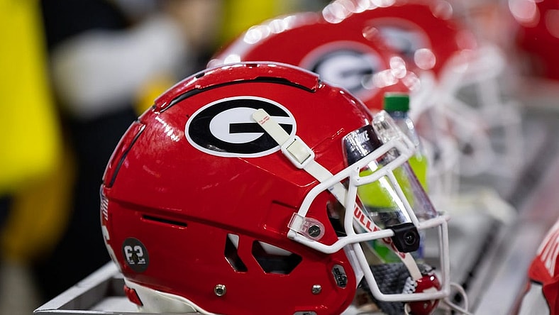 Jan 9, 2023; Inglewood, CA, USA; Detailed view of a Georgia Bulldogs helmet during the CFP national championship game at SoFi Stadium. Mandatory Credit: Mark J. Rebilas-USA TODAY Sports
