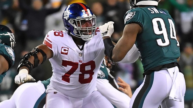 Jan 21, 2023; Philadelphia, Pennsylvania, USA; New York Giants offensive tackle Andrew Thomas (78) against Philadelphia Eagles defensive end Josh Sweat (94) during an NFC divisional round game at Lincoln Financial Field. Mandatory Credit: Eric Hartline-USA TODAY Sports