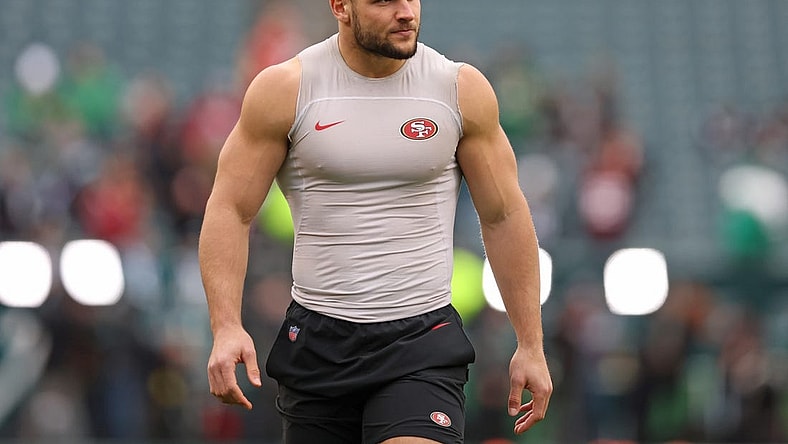 Jan 29, 2023; Philadelphia, Pennsylvania, USA; San Francisco 49ers defensive end Nick Bosa (97) during warmups against the Philadelphia Eagles in the NFC Championship game at Lincoln Financial Field. Mandatory Credit: Bill Streicher-USA TODAY Sports
