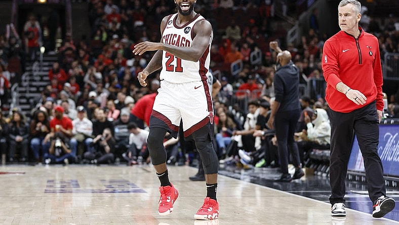 Feb 24, 2023; Chicago, Illinois, USA; Chicago Bulls guard Patrick Beverley (21) reacts during the first half of an NBA game against the Brooklyn Nets at United Center. Mandatory Credit: Kamil Krzaczynski-USA TODAY Sports