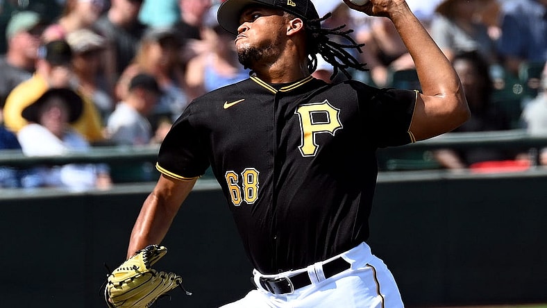 Mar 5, 2023; Bradenton, Florida, USA; Pittsburgh Pirates pitcher Angel Perdomo (68) throws a pitch in the fourth inning of a spring training game against the Minnesota Twins at LECOM Park. Mandatory Credit: Jonathan Dyer-USA TODAY Sports