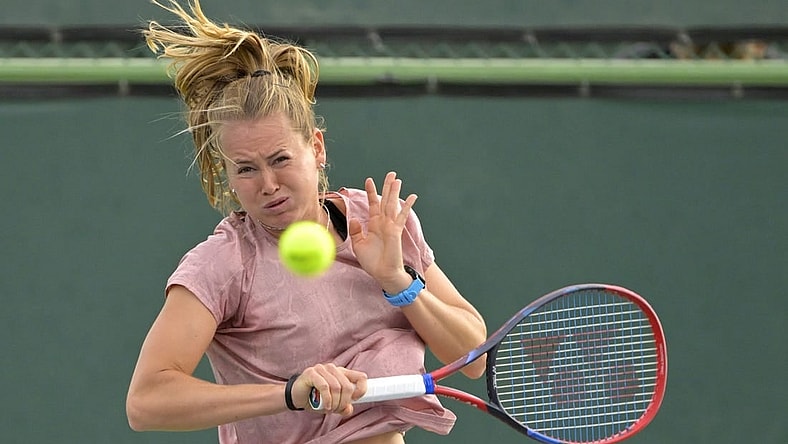 Mar 6, 2023; Indian Wells, CA, USA; Marie Bouzkova hits on the practice courts during day 1 of the BNP Paribas Open at the Indian Well Tennis Garden. Mandatory Credit: Jayne Kamin-Oncea-USA TODAY Sports