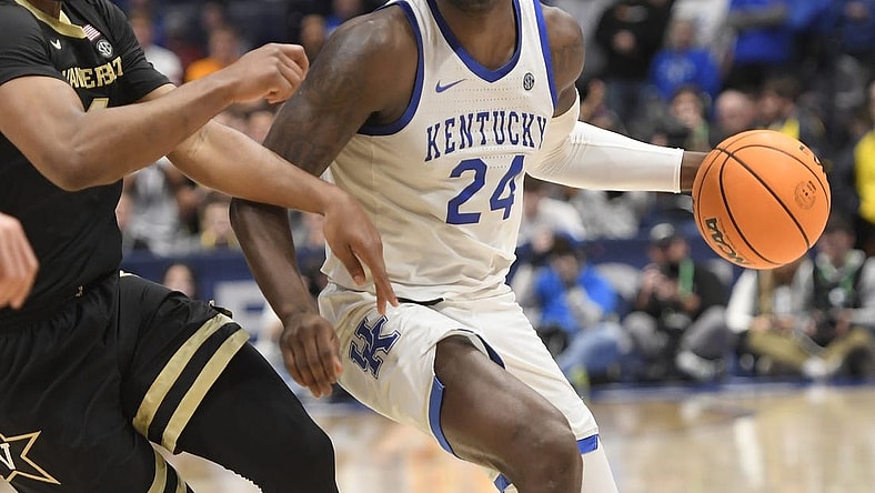 Mar 10, 2023; Nashville, TN, USA; Kentucky Wildcats forward Chris Livingston (24) dribbles against the Vanderbilt Commodores during the second half at Bridgestone Arena. Mandatory Credit: Steve Roberts-USA TODAY Sports