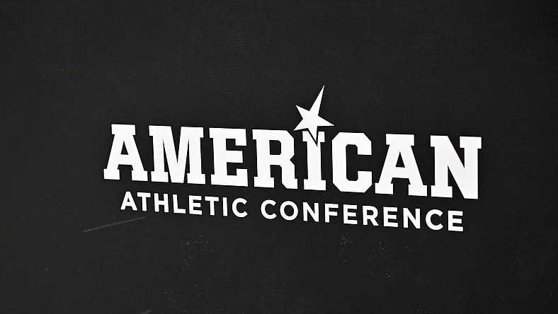 Mar 12, 2023; Fort Worth, TX, USA; A view of the American Athletic Conference logo before the game between the Houston Cougars and the Memphis Tigers at Dickies Arena. Mandatory Credit: Jerome Miron-USA TODAY Sports