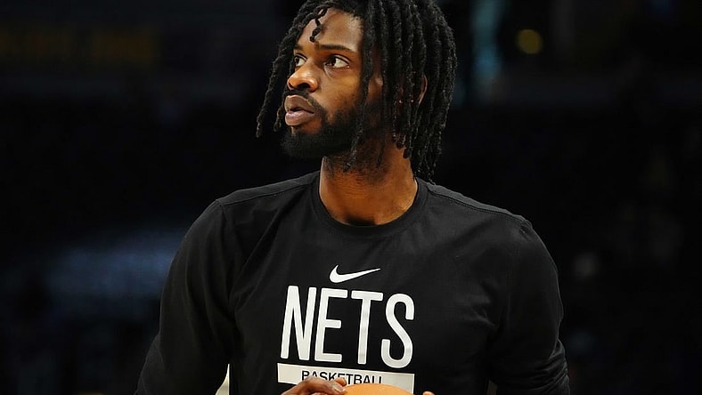 Mar 12, 2023; Denver, Colorado, USA; Brooklyn Nets center Nerlens Noel (0) prior to the game against the Denver Nuggets at Ball Arena. Mandatory Credit: Ron Chenoy-USA TODAY Sports