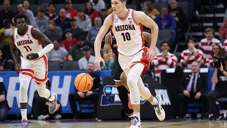 Mar 16, 2023; Sacramento, CA, USA; Arizona Wildcats forward Azuolas Tubelis (10) moves the ball down court against the Princeton Tigers during the first half at Golden 1 Center. Mandatory Credit: Kelley L Cox-USA TODAY Sports