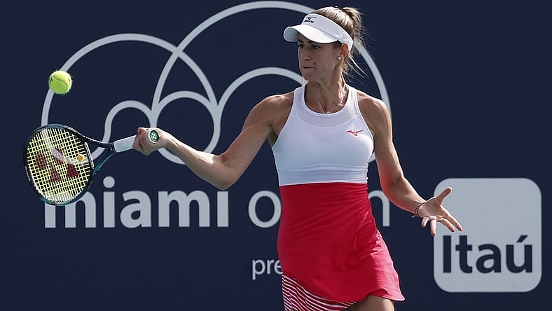Mar 22, 2023; Miami, Florida, US; Anna Bondar (HUN) hits a forehand against Taylor Townsend (USA) (not pictured) on day three of the Miami Open at Hard Rock Stadium. Mandatory Credit: Geoff Burke-USA TODAY Sports