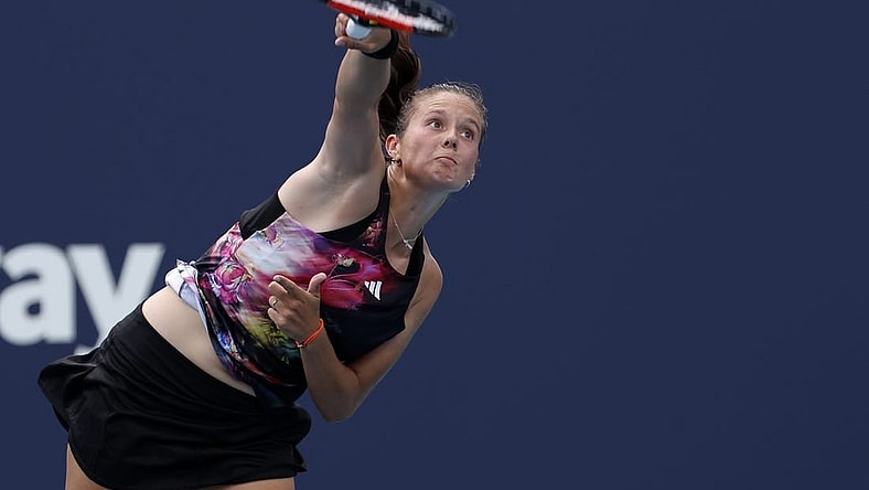 Mar 23, 2023; Miami, Florida, US; Daria Kasatkina serves against Elise Mertens (BEL) (not pictured) on day four of the Miami Open at Hard Rock Stadium. Mandatory Credit: Geoff Burke-USA TODAY Sports