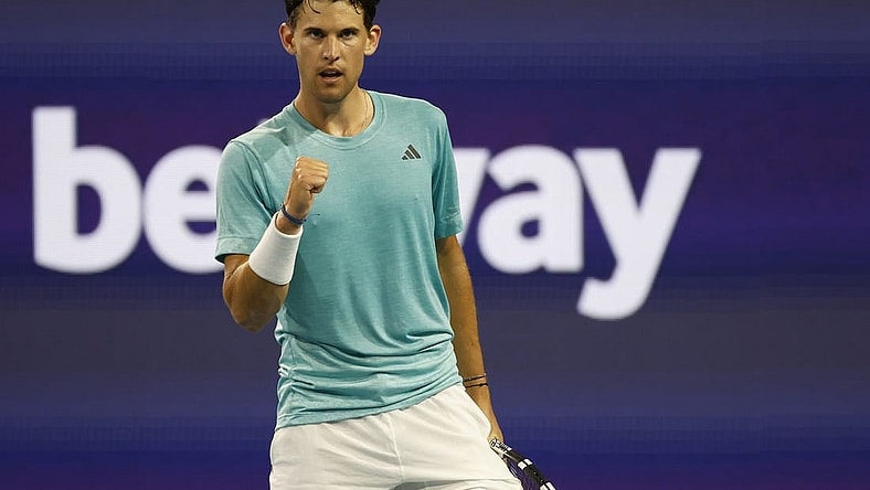 Mar 23, 2023; Miami, Florida, US; Dominic Thiem (AUT) reacts after winning a point against Lorenzo Sonego (ITA) (not pictured) on day four of the Miami Open at Hard Rock Stadium. Mandatory Credit: Geoff Burke-USA TODAY Sports