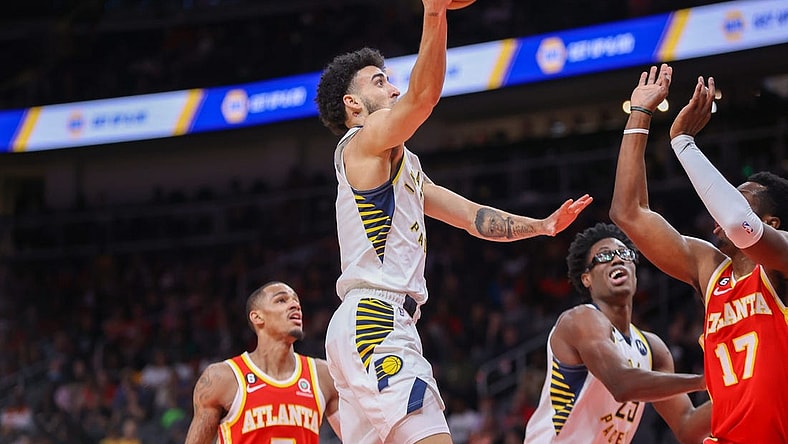 Mar 25, 2023; Atlanta, Georgia, USA; Indiana Pacers guard Chris Duarte (3) shoots against the Atlanta Hawks in the second quarter at State Farm Arena. Mandatory Credit: Brett Davis-USA TODAY Sports