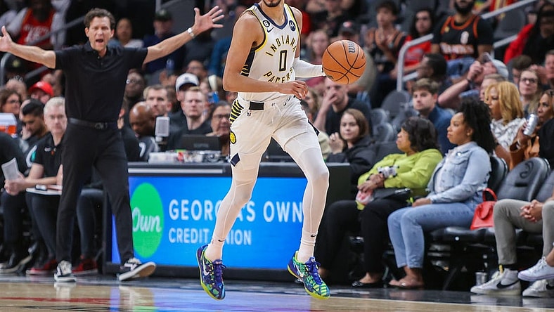 Mar 25, 2023; Atlanta, Georgia, USA; Indiana Pacers guard Tyrese Haliburton (0) dribbles against the Atlanta Hawks in the second quarter at State Farm Arena. Mandatory Credit: Brett Davis-USA TODAY Sports