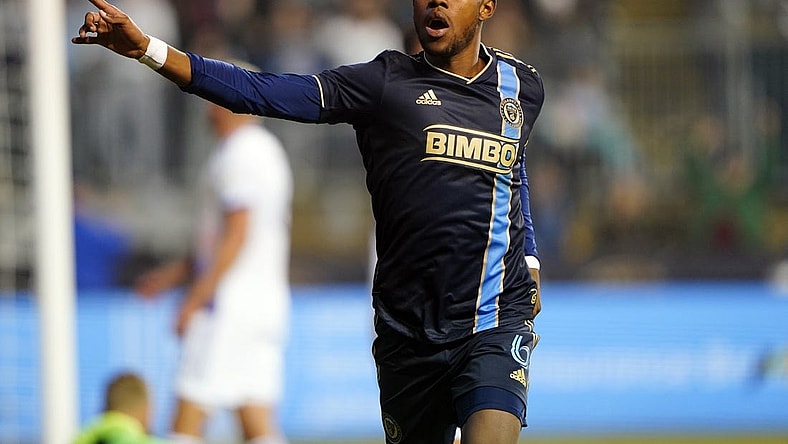 Mar 25, 2023; Philadelphia, Pennsylvania, USA; Philadelphia Union midfielder Andres Perea (6) celebrates scoring against the Orlando City SC in the first half at Subaru Park. Mandatory Credit: Gregory Fisher-USA TODAY Sports