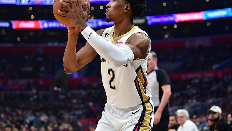 Mar 25, 2023; Los Angeles, California, USA; New Orleans Pelicans guard Josh Richardson (2) shoots against the Los Angeles Clippers during the first half at Crypto.com Arena. Mandatory Credit: Gary A. Vasquez-USA TODAY Sports