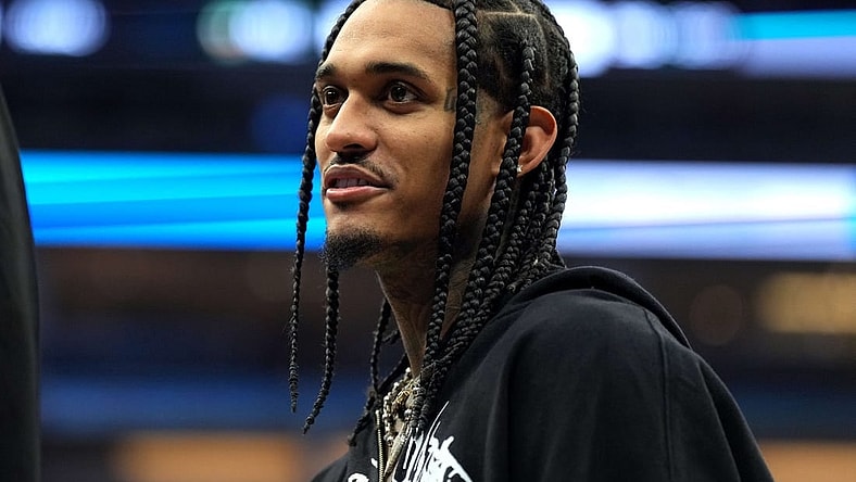 Mar 25, 2023; Sacramento, California, USA; Utah Jazz guard Jordan Clarkson (00) stands on the court during the second quarter against the Sacramento Kings at Golden 1 Center. Mandatory Credit: Darren Yamashita-USA TODAY Sports