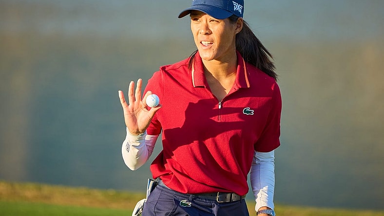 Celine Boutier waves to the crowd after setting up a playoff round with Georgia Hall during the final round of the LPGA Drive On Championship on the Prospector Course at Superstition Mountain Golf and Country Club in Gold Canyon on March 26, 2023.

Lpga At Superstition Mountain Final Round