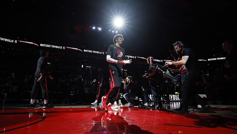 Mar 27, 2023; Portland, Oregon, USA; Portland Trail Blazers forward Matisse Thybulle (4) is introduced as part of the starting lineup before the game against the New Orleans Pelicans at Moda Center. Mandatory Credit: Soobum Im-USA TODAY Sports