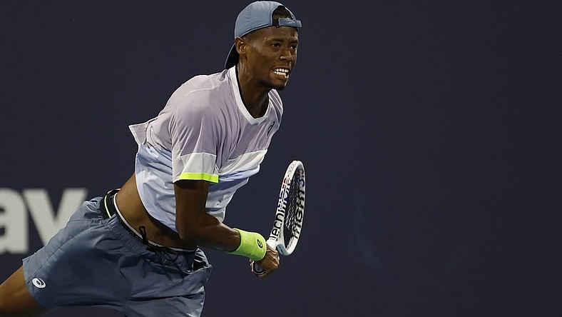 Mar 28, 2023; Miami, Florida, US; Christopher Eubanks (USA) serves against Adrian Mannarino (FRA) (not pictured) on day nine of the Miami Open at Hard Rock Stadium. Mandatory Credit: Geoff Burke-USA TODAY Sports