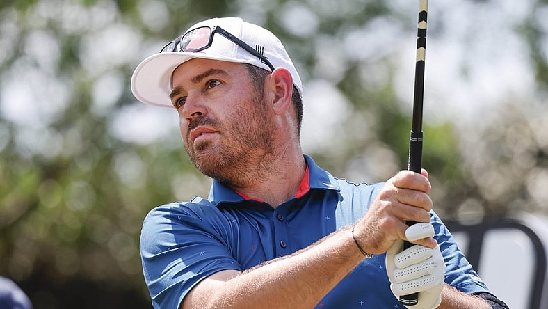 Mar 31, 2023; Orlando, Florida, USA; Louis Oosthuizen of the Stinger golf club plays his shot from the seventh tee during the first round of a LIV Golf event at Orange County National. Mandatory Credit: Reinhold Matay-USA TODAY Sports