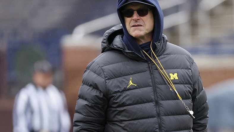 Apr 1, 2023; Ann Arbor, MI, USA;   Michigan Wolverines head coach Jim Harbaugh on the field during the Spring Game at Michigan Stadium. Mandatory Credit: Rick Osentoski-USA TODAY Sports