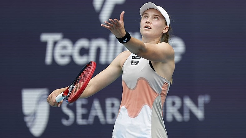Apr 1, 2023; Miami, Florida, US; Elena Rybakina (KAZ) serves against Petra Kvitova (CZE) (not pictured) in the women's singles final on day thirteen of the Miami Open at Hard Rock Stadium. Mandatory Credit: Geoff Burke-USA TODAY Sports
