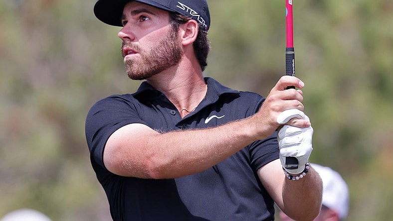 Apr 1, 2023; Orlando, Florida, USA; Matthew Wolff of the Smash golf club plays his shot from the fifth tee during the second round of a LIV Golf event at Orange County National. Mandatory Credit: Reinhold Matay-USA TODAY Sports