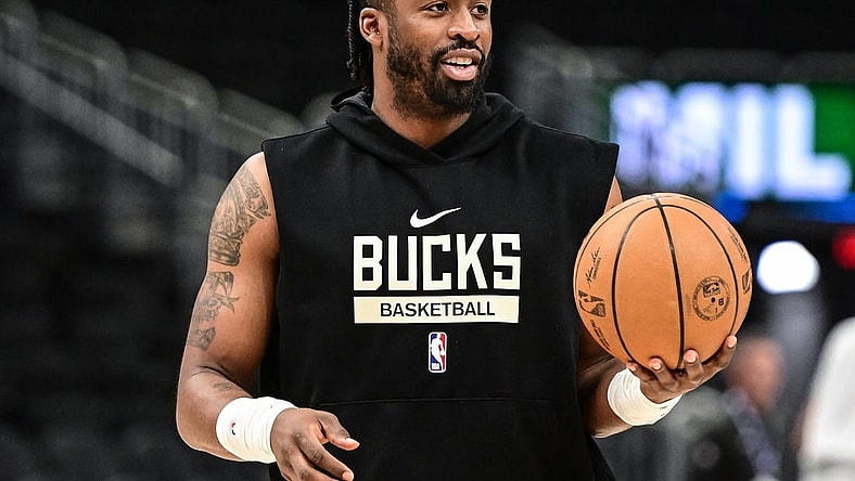 Apr 2, 2023; Milwaukee, Wisconsin, USA; Milwaukee Bucks guard Wesley Matthews (23) warms up before game against the Philadelphia 76ers at Fiserv Forum. Mandatory Credit: Benny Sieu-USA TODAY Sports