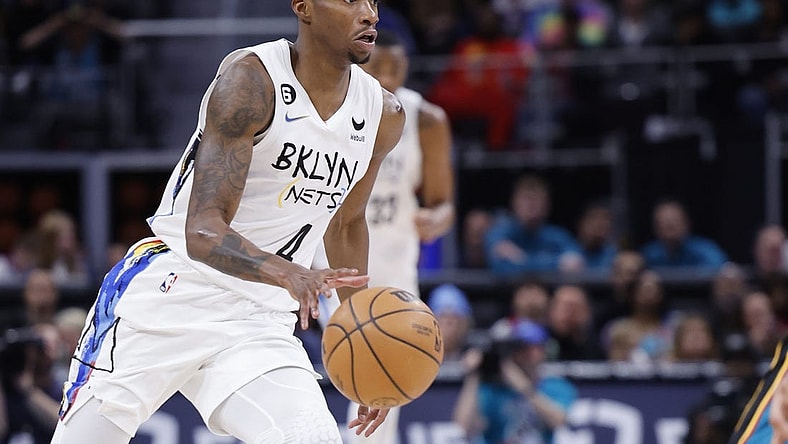 Apr 5, 2023; Detroit, Michigan, USA;  Brooklyn Nets guard Edmond Sumner (4) dribbles in the first half against the Detroit Pistons at Little Caesars Arena. Mandatory Credit: Rick Osentoski-USA TODAY Sports