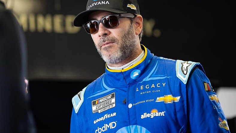 Feb 18, 2023; Daytona Beach, Florida, USA; NASCAR Cup Series driver Jimmie Johnson during practice for the Daytona 500 at Daytona International Speedway. Mandatory Credit: Mark J. Rebilas-USA TODAY Sports