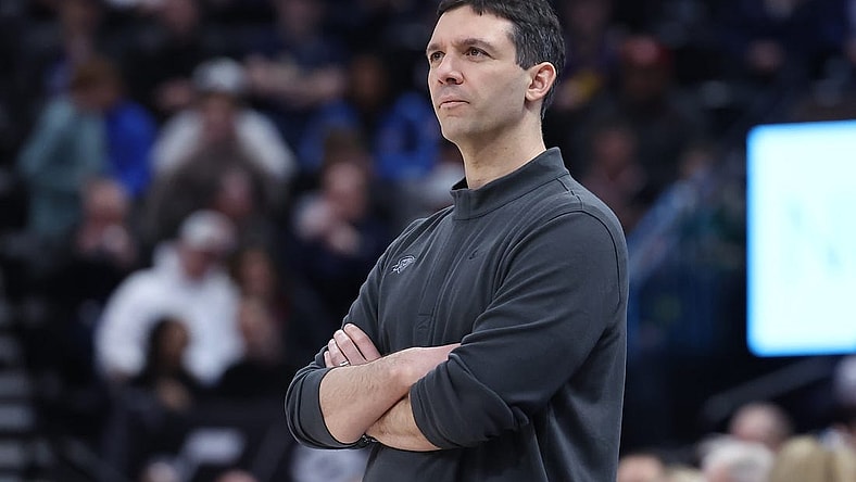 Apr 6, 2023; Salt Lake City, Utah, USA; Oklahoma City Thunder head coach Mark Daigneault looks on against the Utah Jazz in the second quarter at Vivint Arena. Mandatory Credit: Rob Gray-USA TODAY Sports