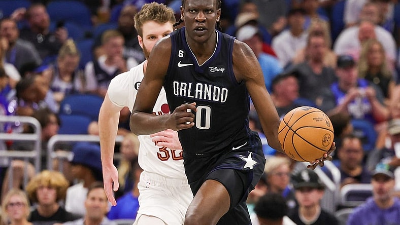 Apr 6, 2023; Orlando, Florida, USA; Orlando Magic center Bol Bol (10) brings the ball up court during the second half against the Cleveland Cavaliers at Amway Center. Mandatory Credit: Mike Watters-USA TODAY Sports