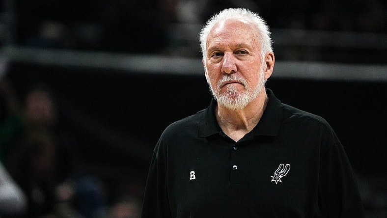 April 8, 2023; Austin, TX, USA; San Antonio Spurs head coach Gregg Popovich walks the sideline during the game against the Minnesota Timberwolves at the Moody Center on Saturday, April 8, 2023 in Austin. Mandatory Credit: Aaron E. Martinez-USA TODAY NETWORK