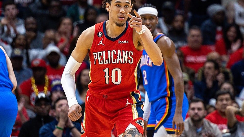 Apr 12, 2023; New Orleans, Louisiana, USA; New Orleans Pelicans center Jaxson Hayes (10) reacts to making a basket against the Oklahoma City Thunder during the first half at Smoothie King Center. Mandatory Credit: Stephen Lew-USA TODAY Sports