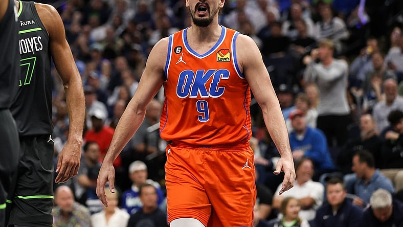 Apr 14, 2023; Minneapolis, Minnesota, USA; Oklahoma City Thunder forward Dario Saric (9) reacts during the first quarter against the Minnesota Timberwolves at Target Center. Mandatory Credit: Matt Krohn-USA TODAY Sports
