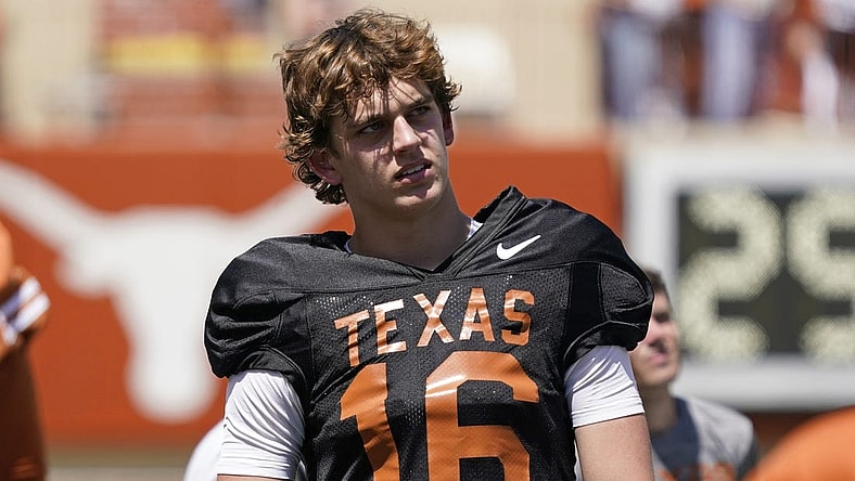 Apr 15, 2023; Austin, TX, USA; Texas Longhorns quarterback Arch Manning (16) on the sidelines during the second half of the Texas Spring Game at DKR- Texas Memorial Stadium. Mandatory Credit: Scott Wachter-USA TODAY Sports