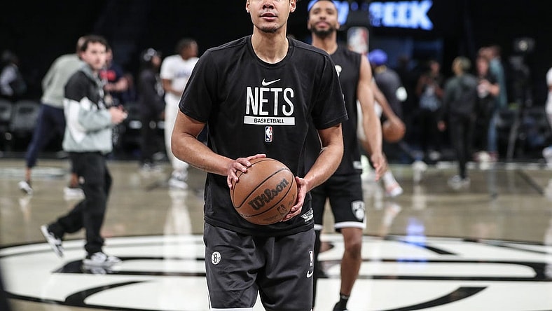 Apr 20, 2023; Brooklyn, New York, USA; Brooklyn Nets forward Cameron Johnson (2) warms up prior to game three of the 2023 NBA playoffs against the Philadelphia 76ers at Barclays Center. Mandatory Credit: Wendell Cruz-USA TODAY Sports