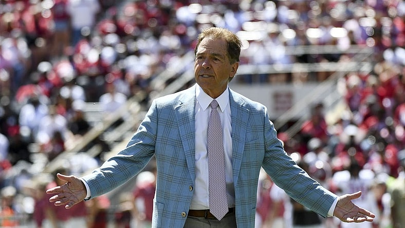 Apr 22, 2023; Tuscaloosa, AL, USA; Alabama head coach Nick Saban has some words for the Crimson defense after they allowed a long touchdown run during the A-Day game at Bryant-Denny Stadium. Mandatory Credit: Gary Cosby-USA TODAY Sports