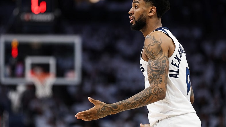Apr 23, 2023; Minneapolis, Minnesota, USA; Minnesota Timberwolves guard Nickeil Alexander-Walker (9) reacts after a foul call against the Denver Nuggets during the second quarter of game four of the 2023 NBA Playoffs at Target Center. Mandatory Credit: Matt Krohn-USA TODAY Sports